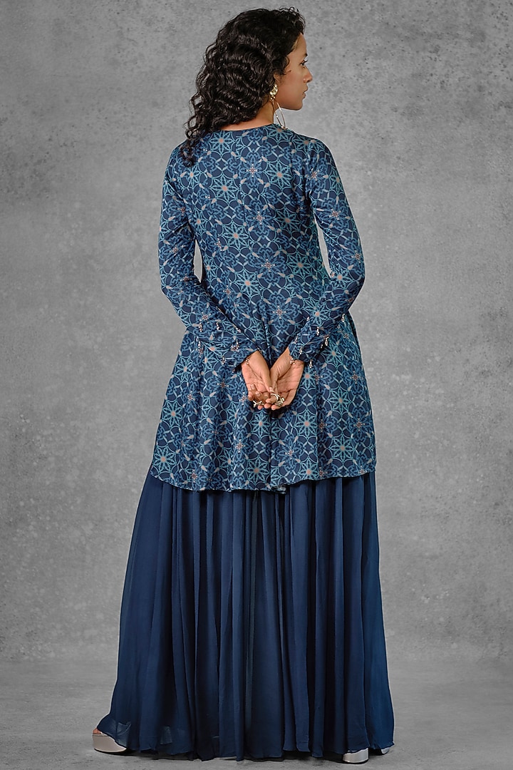 Blue Cotton Satin Printed & Embroidered Tunic Set by Riraan By Rikita & Ratna at Pernia's Pop Up Shop