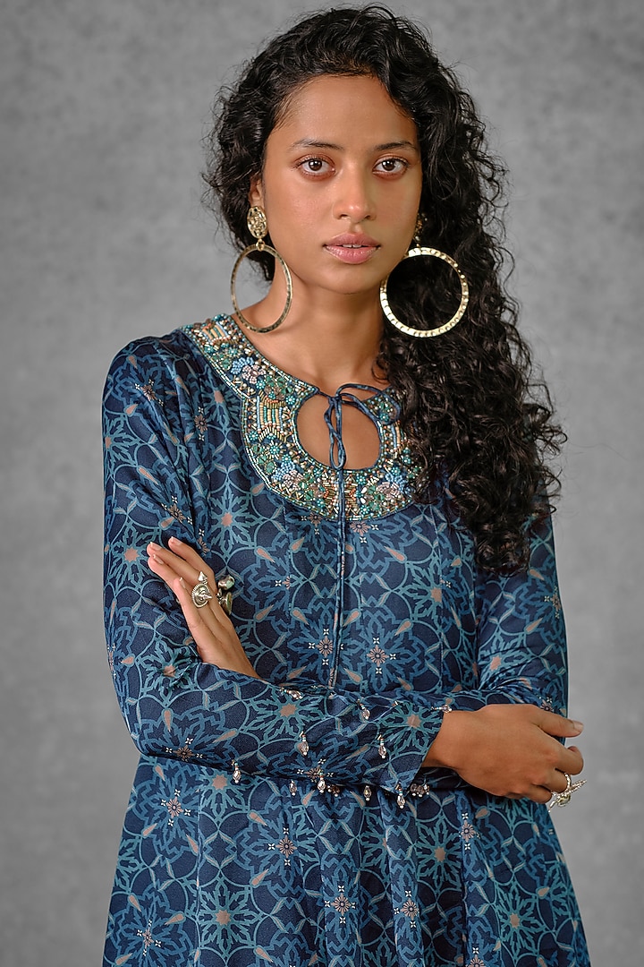 Blue Cotton Satin Printed & Embroidered Tunic Set by Riraan By Rikita & Ratna at Pernia's Pop Up Shop