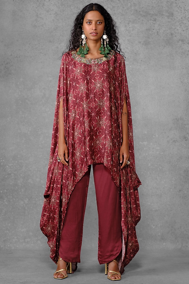 Maroon Cotton Satin Printed & Embroidered Cape Tunic Set by Riraan By Rikita & Ratna