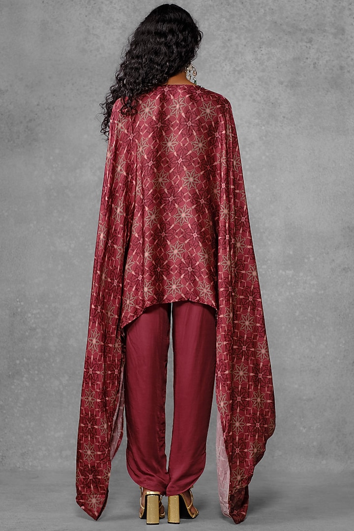Maroon Cotton Satin Printed & Embroidered Cape Tunic Set by Riraan By Rikita & Ratna at Pernia's Pop Up Shop