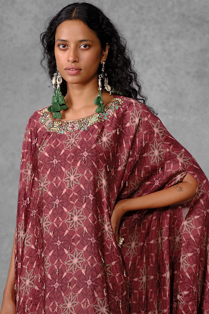 Maroon Cotton Satin Printed & Embroidered Cape Tunic Set by Riraan By Rikita & Ratna at Pernia's Pop Up Shop