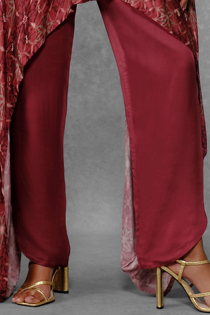 Maroon Cotton Satin Printed & Embroidered Cape Tunic Set by Riraan By Rikita & Ratna at Pernia's Pop Up Shop
