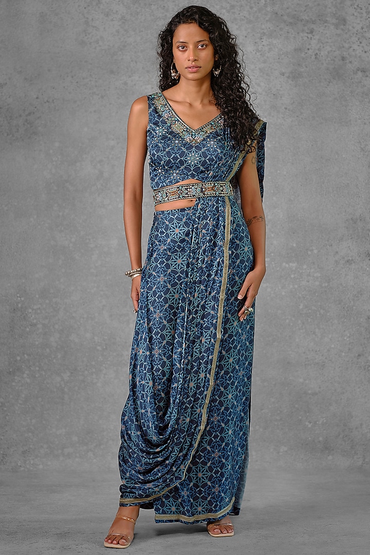 Blue Cotton Satin Printed Draped Saree Set by Riraan By Rikita & Ratna