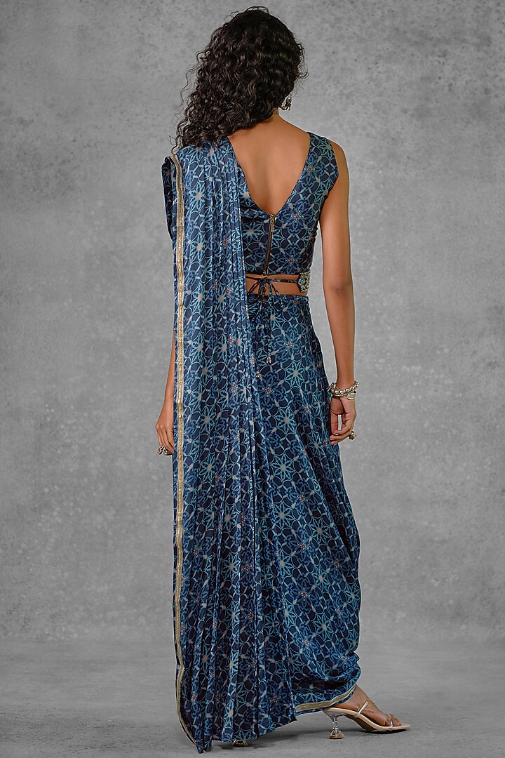 Blue Cotton Satin Printed Draped Wedding Saree Set by Riraan By Rikita & Ratna at Pernia's Pop Up Shop