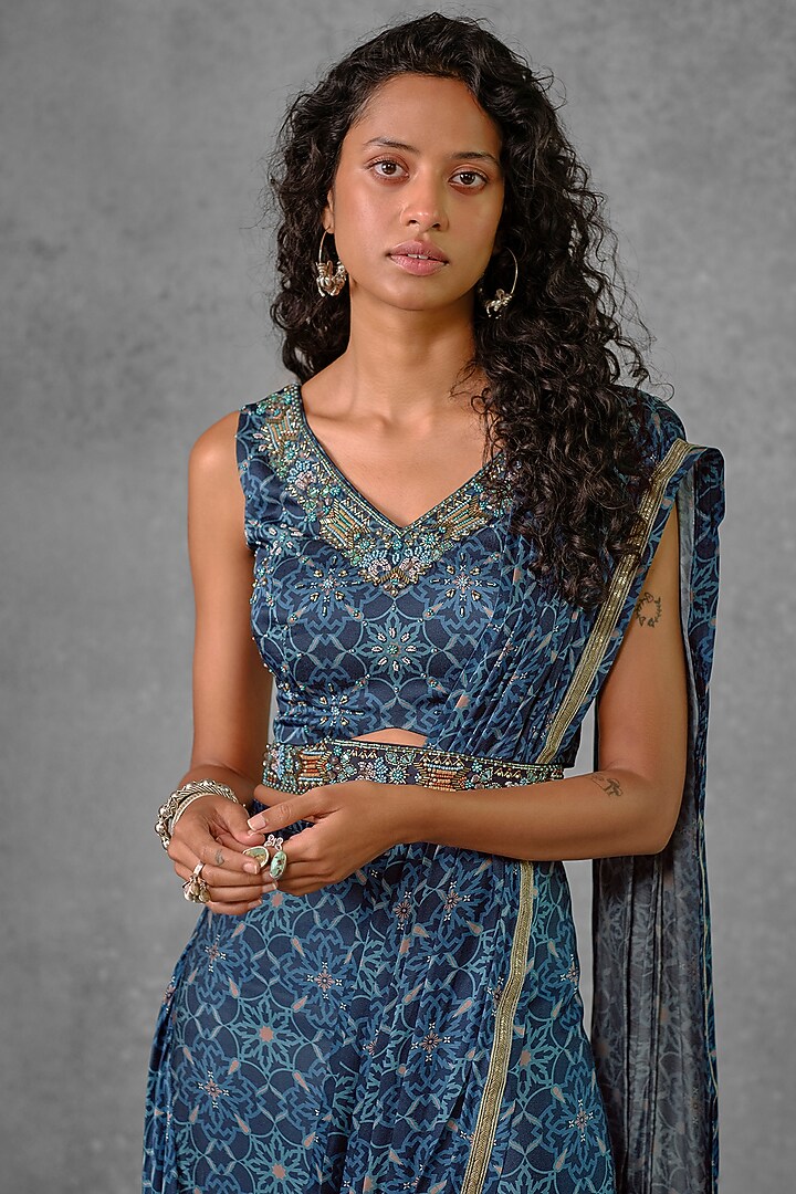 Blue Cotton Satin Printed Draped Wedding Saree Set by Riraan By Rikita & Ratna at Pernia's Pop Up Shop