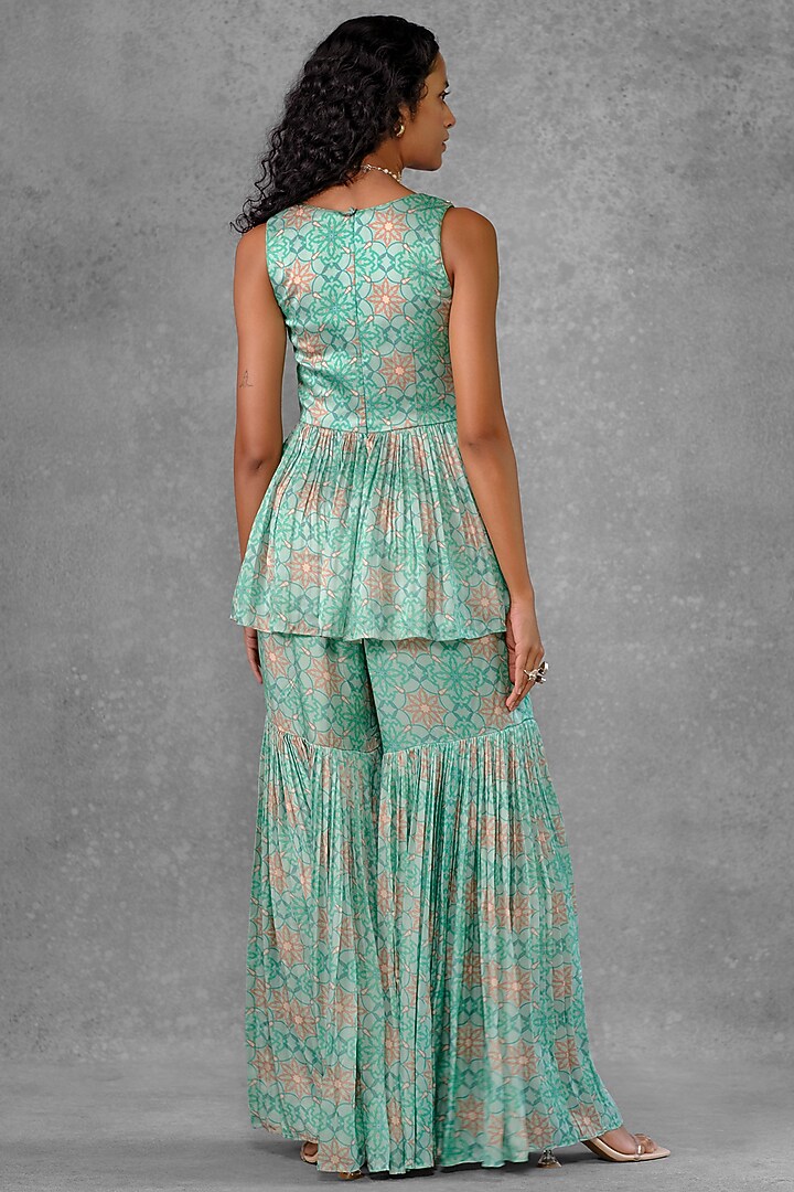 Mint Cotton Satin Printed & Embroidered Wedding Sharara Set by Riraan By Rikita & Ratna at Pernia's Pop Up Shop