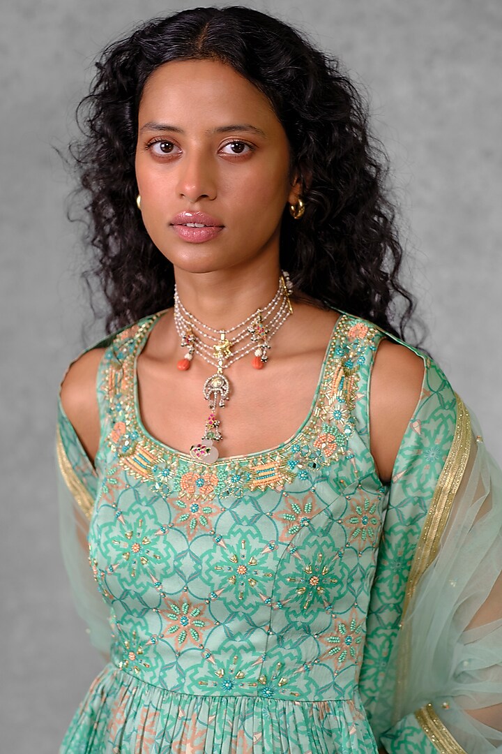 Mint Cotton Satin Printed & Embroidered Wedding Sharara Set by Riraan By Rikita & Ratna at Pernia's Pop Up Shop