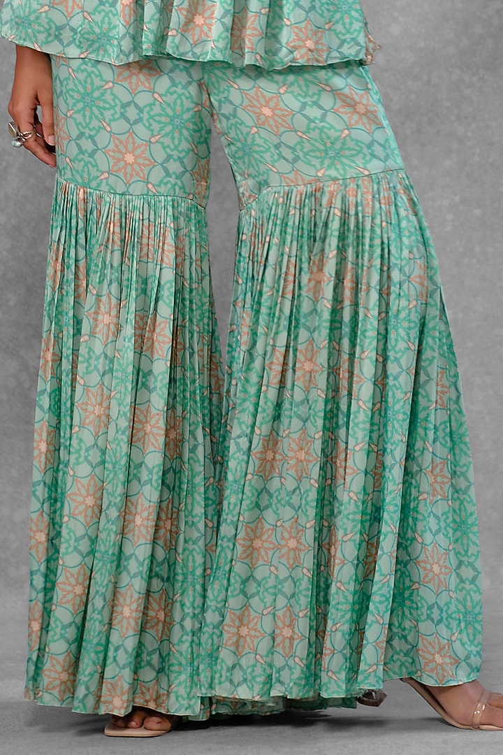 Mint Cotton Satin Printed & Embroidered Wedding Sharara Set by Riraan By Rikita & Ratna at Pernia's Pop Up Shop