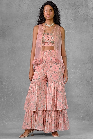 Pink Organza Embroidered Jacket Set by Riraan By Rikita & Ratna