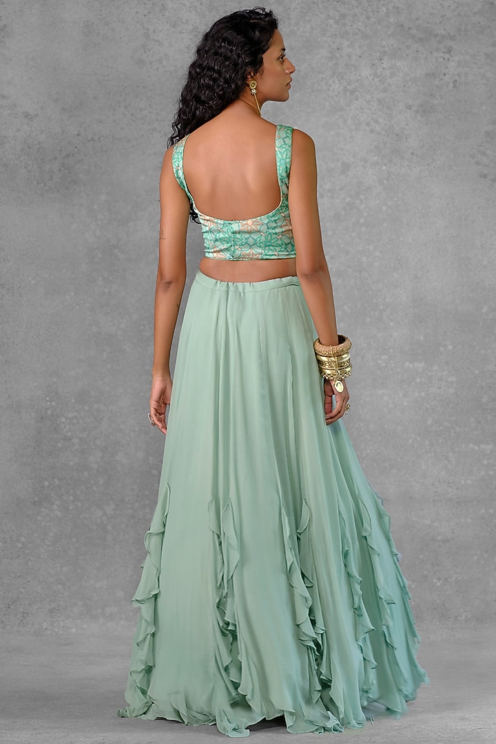 Mint Net & Georgette Ruffled Wedding Lehenga Set by Riraan By Rikita & Ratna at Pernia's Pop Up Shop