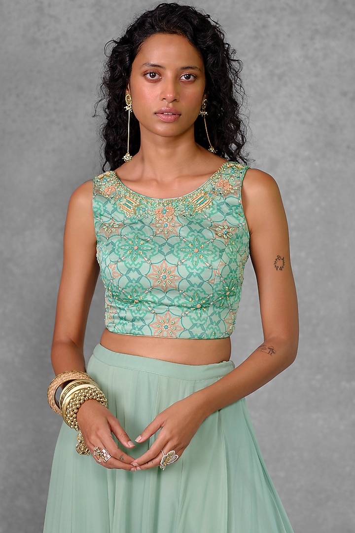 Mint Net & Georgette Ruffled Wedding Lehenga Set by Riraan By Rikita & Ratna at Pernia's Pop Up Shop