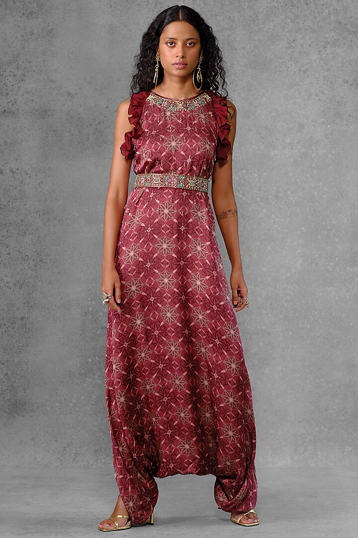 Maroon Cotton Satin Printed & Embroidered Jumpsuit by Riraan By Rikita & Ratna