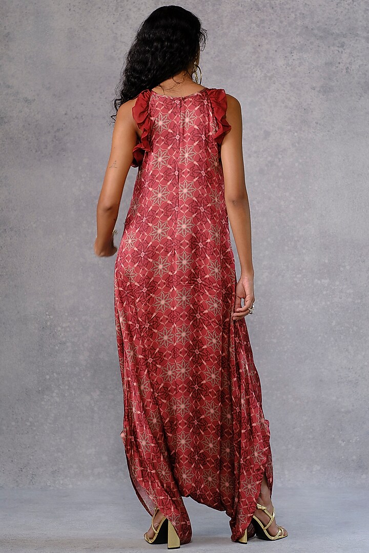 Maroon Cotton Satin Printed & Embroidered Jumpsuit by Riraan By Rikita & Ratna at Pernia's Pop Up Shop