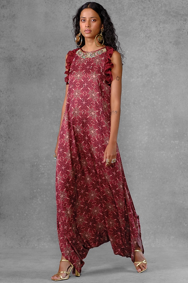 Maroon Cotton Satin Printed & Embroidered Jumpsuit by Riraan By Rikita & Ratna at Pernia's Pop Up Shop