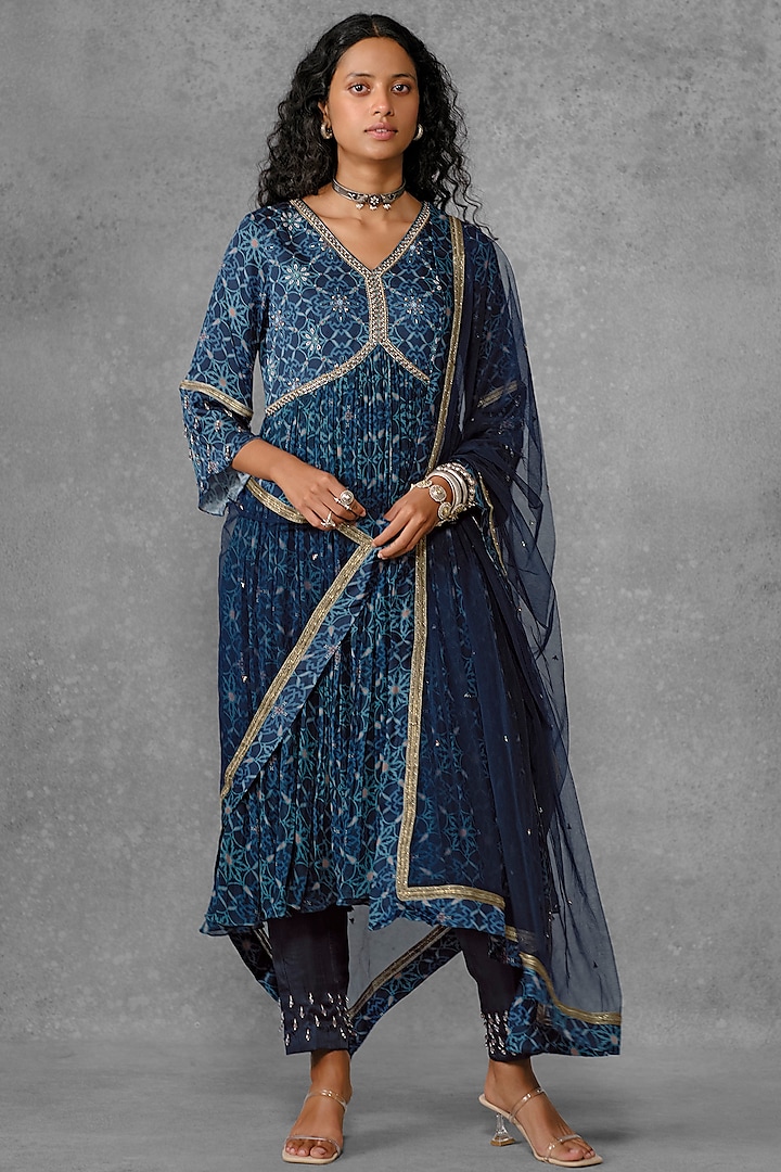 Blue Cotton Satin Printed & Embroidered Flared Tunic Set by Riraan By Rikita & Ratna