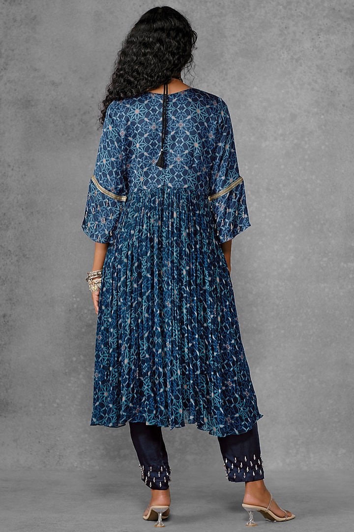 Blue Cotton Satin Printed & Embroidered Flared Tunic Set by Riraan By Rikita & Ratna at Pernia's Pop Up Shop