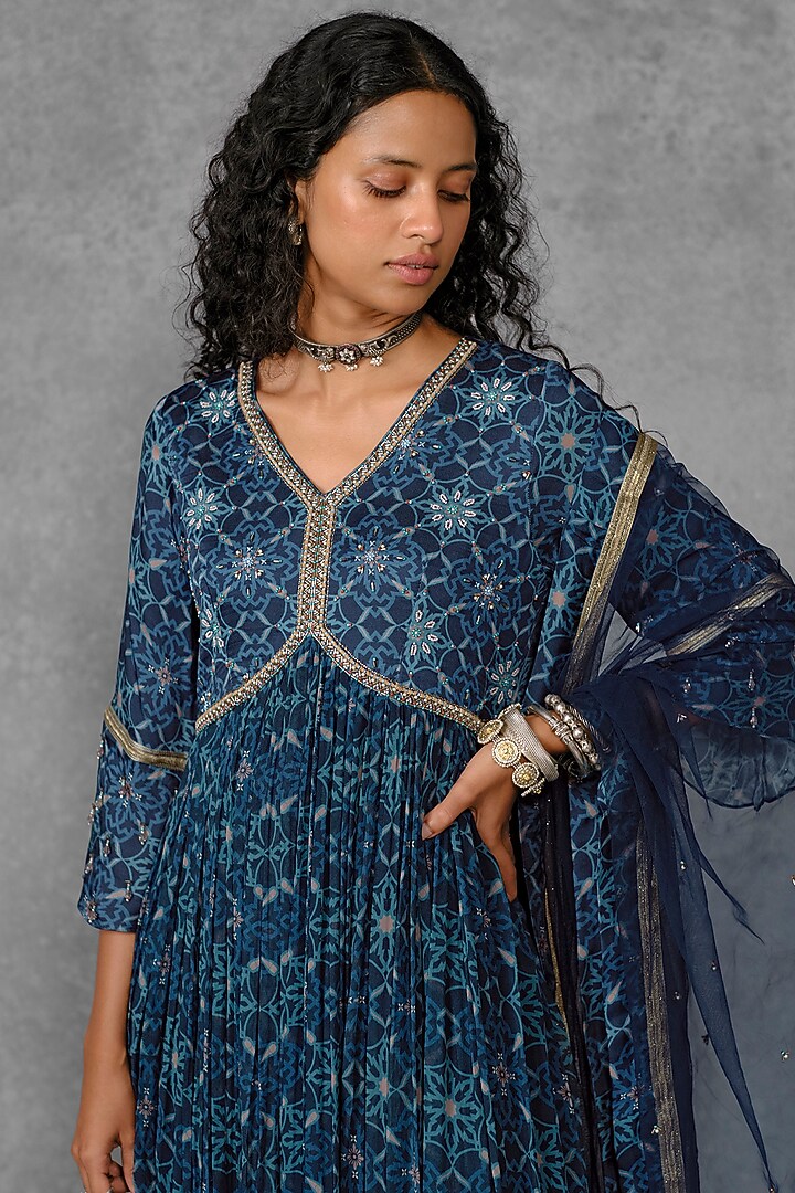 Blue Cotton Satin Printed & Embroidered Flared Tunic Set by Riraan By Rikita & Ratna at Pernia's Pop Up Shop