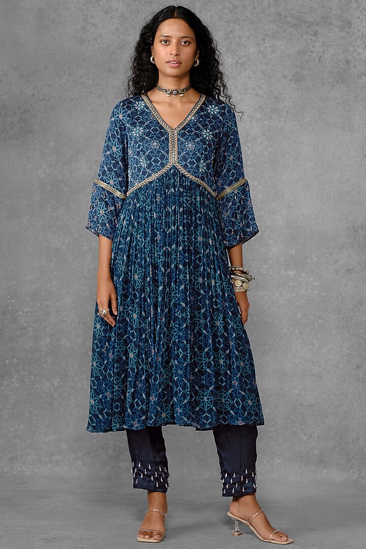 Blue Cotton Satin Printed & Embroidered Flared Tunic Set by Riraan By Rikita & Ratna at Pernia's Pop Up Shop