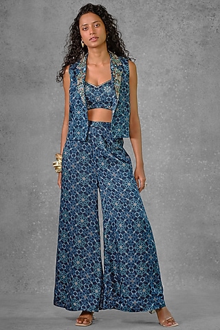 Blue Cotton Satin Printed & Embroidered Jacket Set by Riraan By Rikita & Ratna