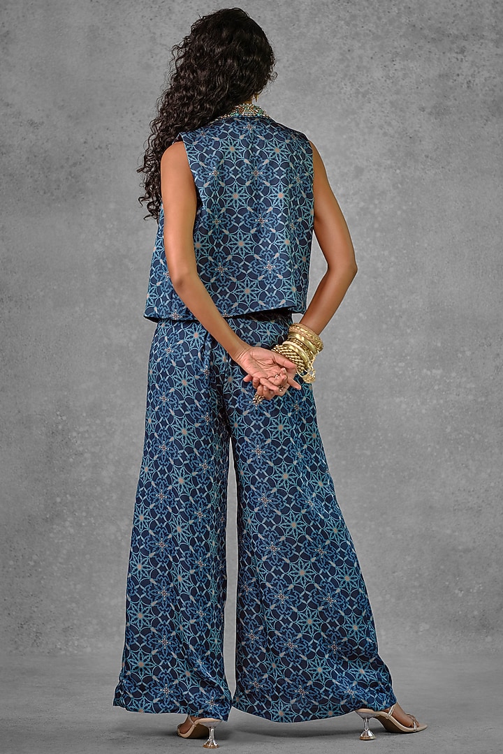 Blue Cotton Satin Printed & Embroidered Jacket Set by Riraan By Rikita & Ratna at Pernia's Pop Up Shop