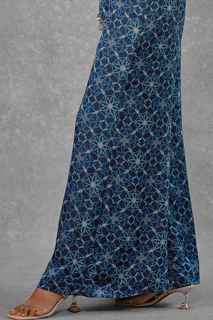 Blue Cotton Satin Printed & Embroidered Jacket Set by Riraan By Rikita & Ratna at Pernia's Pop Up Shop