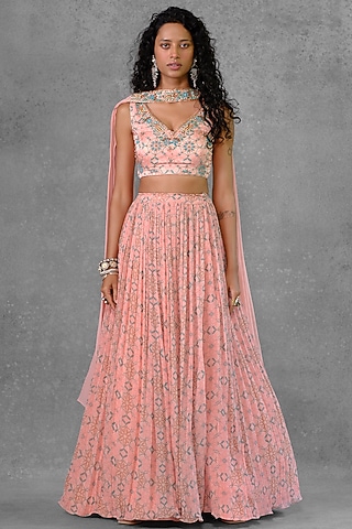 Pink Cotton Satin & Georgette Printed Lehenga Set by Riraan By Rikita & Ratna