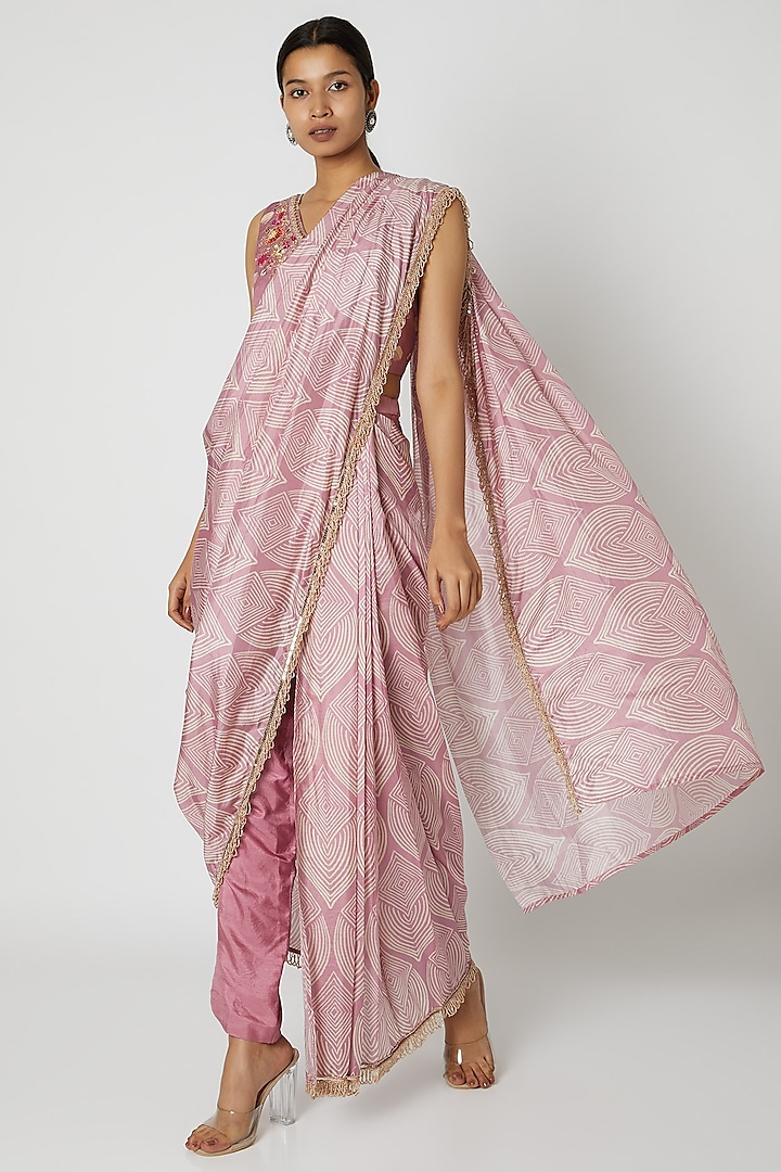 Pink Embroidered Pant Saree Set by Riraan By Rikita & Ratna