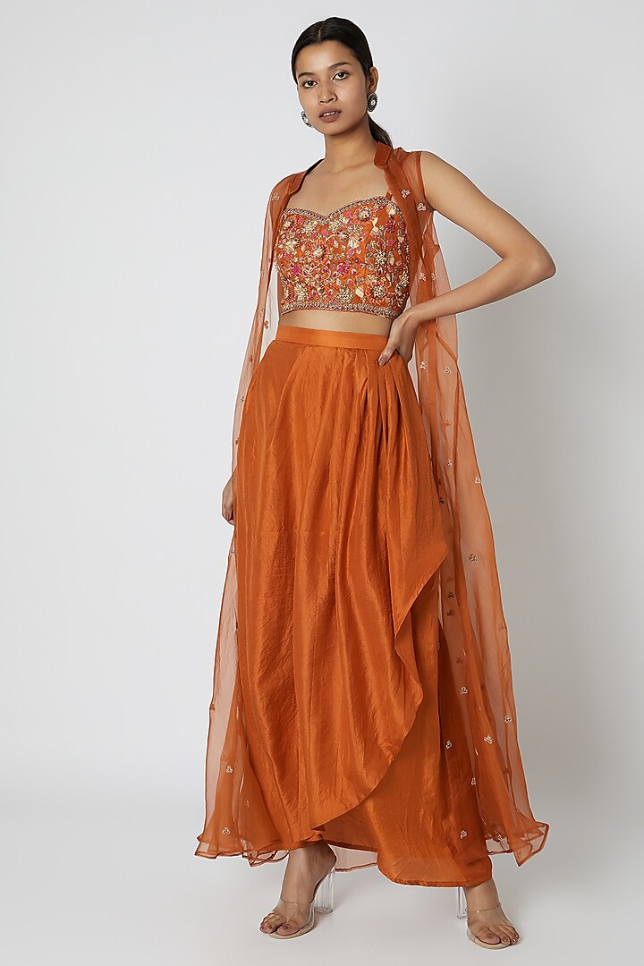 Orange Embroidered Draped Skirt Set by Riraan By Rikita & Ratna