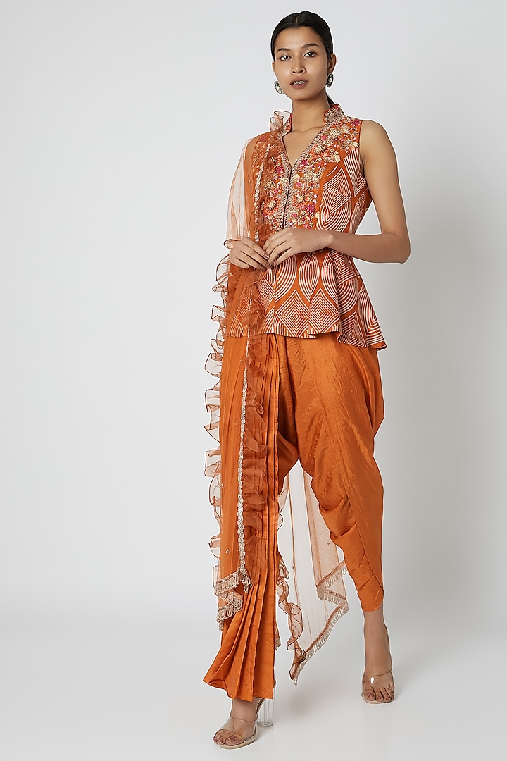Orange Embroidered & Printed Dhoti Set by Riraan By Rikita & Ratna