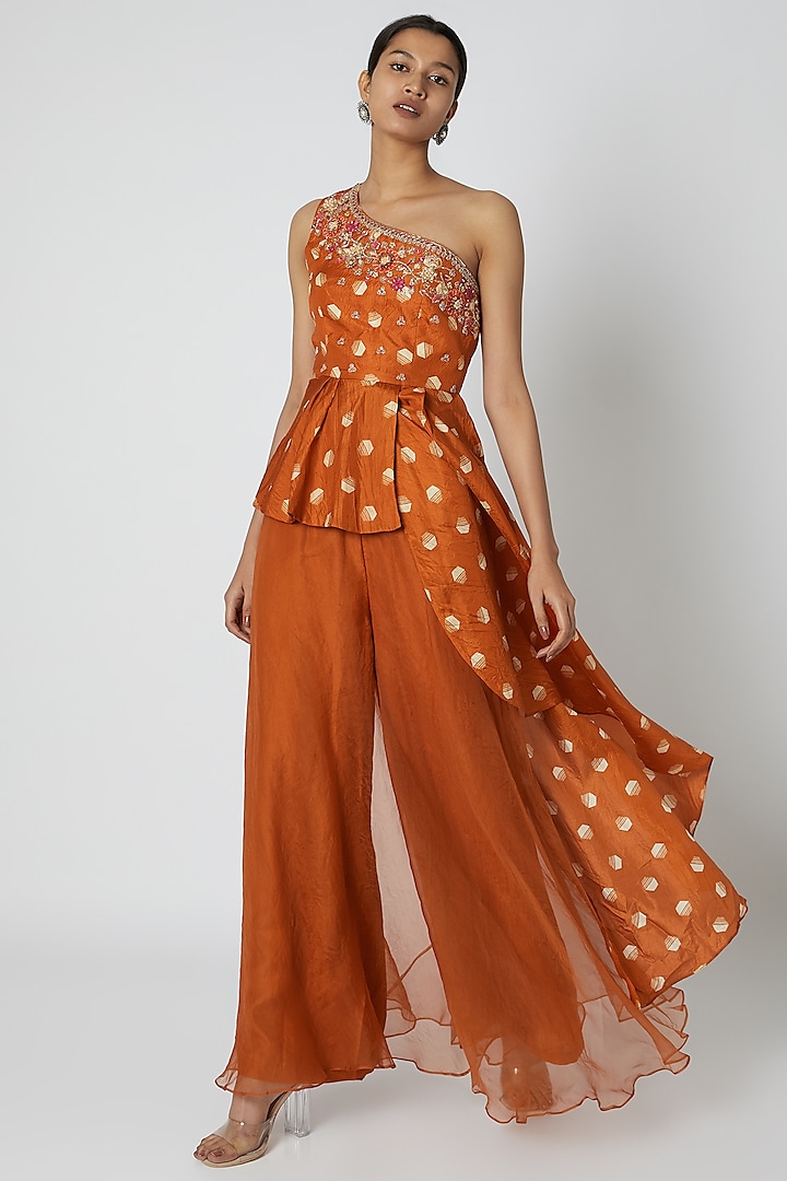 Orange Embroidered Top With Palazzo Pants & Dupatta by Riraan By Rikita & Ratna at Pernia's Pop Up Shop