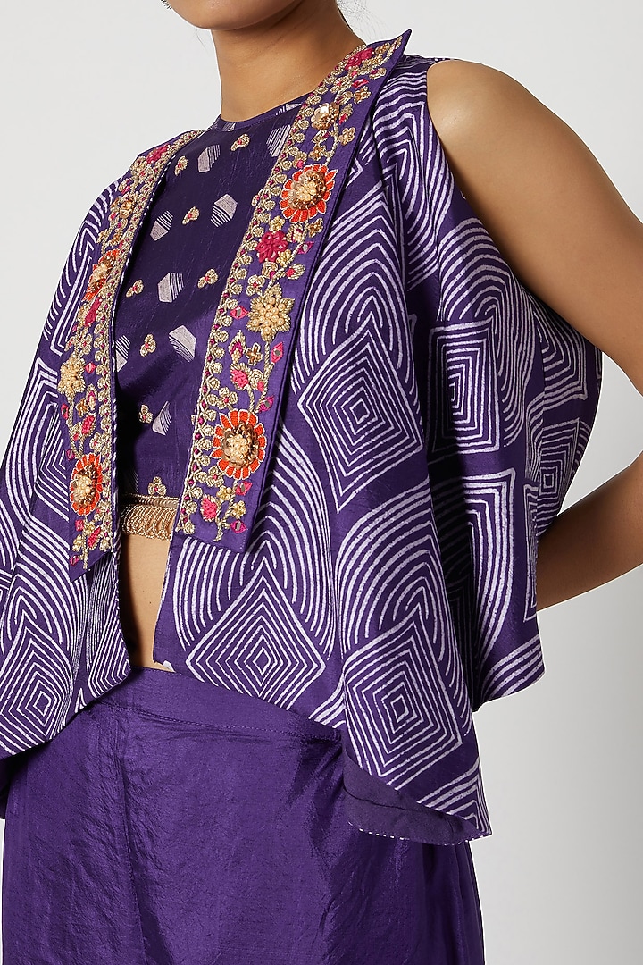 Purple Embroidered Bustier With Jacket & Palazzo Pants by Riraan By Rikita & Ratna at Pernia's Pop Up Shop