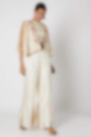 White Embroidered Bustier With Jacket & Palazzo Pants by Riraan By Rikita & Ratna