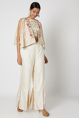 White Embroidered Bustier With Jacket & Palazzo Pants by Riraan By Rikita & Ratna