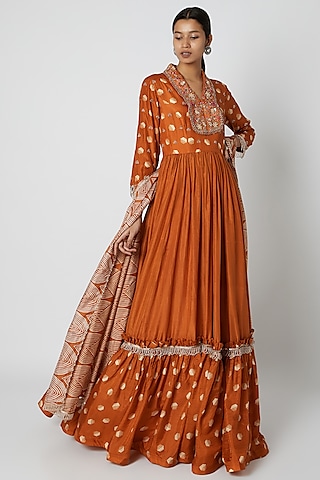 Orange Embroidered Anarkali With Dupatta by Riraan By Rikita & Ratna