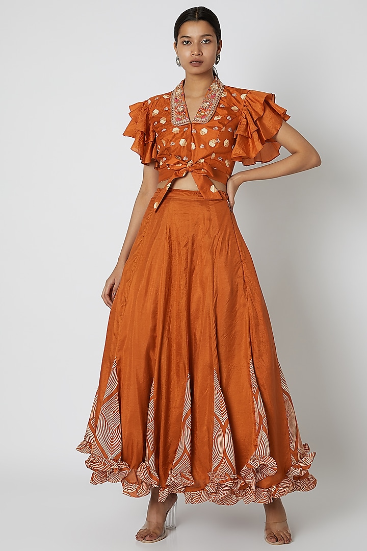 Orange Embroidered Blouse With Lehenga by Riraan By Rikita & Ratna