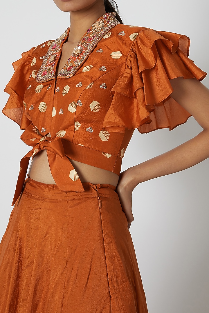Orange Embroidered Blouse With Wedding Lehenga by Riraan By Rikita & Ratna at Pernia's Pop Up Shop
