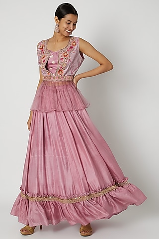 Pink Embroidered Jacket Lehenga Set by Riraan By Rikita & Ratna