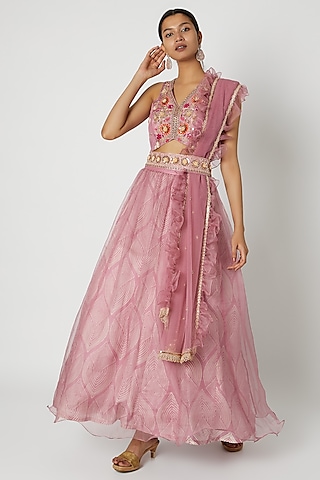 Pink Embroidered & Printed Lehenga Set by Riraan By Rikita & Ratna