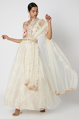 White Embroidered & Printed Lehenga Set by Riraan By Rikita & Ratna