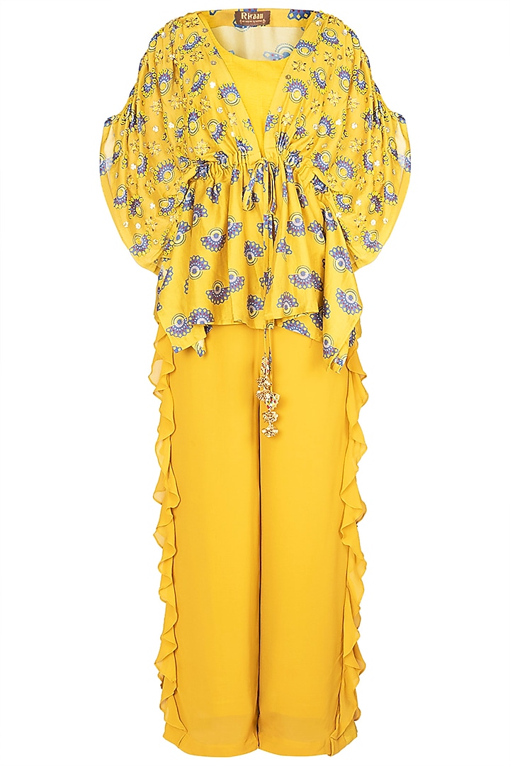 Tuscan Yellow Embroidered Printed Kimono With Bustier & Palazzo Pants by Riraan By Rikita & Ratna