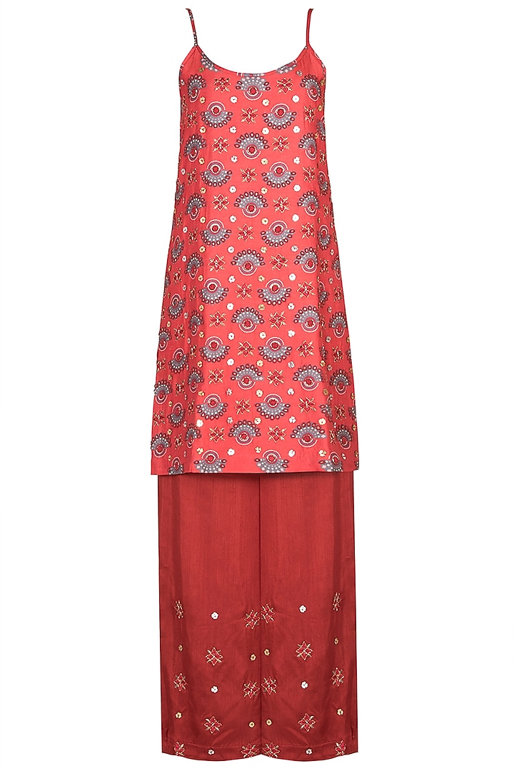 Charlotte Red Embroidered Printed Tunic Set by Riraan By Rikita & Ratna