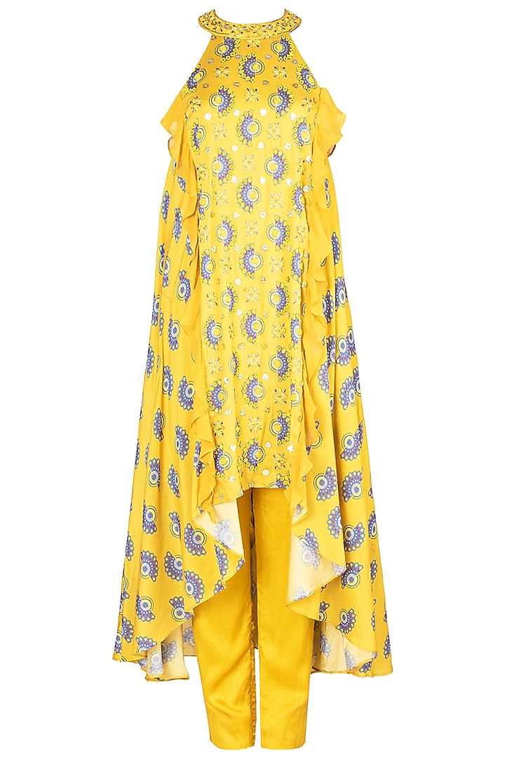 Tuscan Yellow Embroidered Printed Tunic With Pants by Riraan By Rikita & Ratna