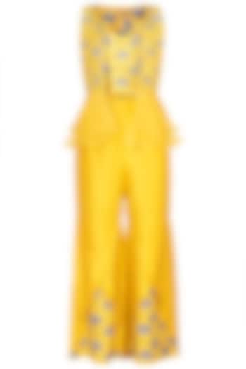 Tuscan Yellow Embroidered Printed Bustier With Sharara Pants & Jacket by Riraan By Rikita & Ratna