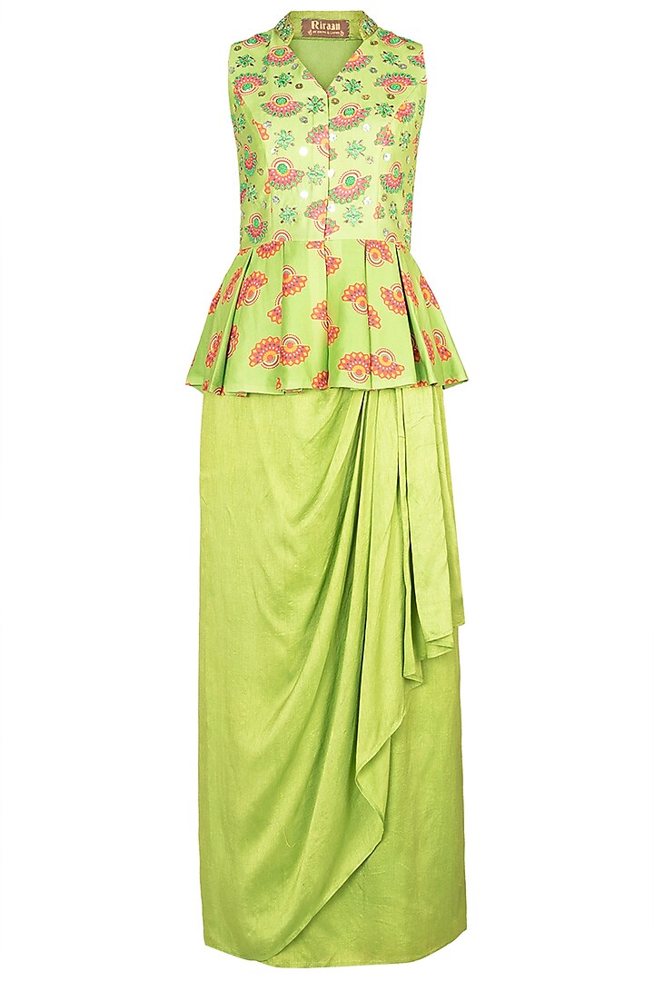 Matcha Green Embroidered Printed Peplum Top With Skirt by Riraan By Rikita & Ratna