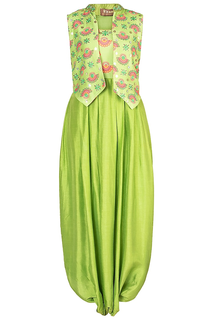 Matcha Green Embroidered Printed Jumpsuit With Jacket by Riraan By Rikita & Ratna