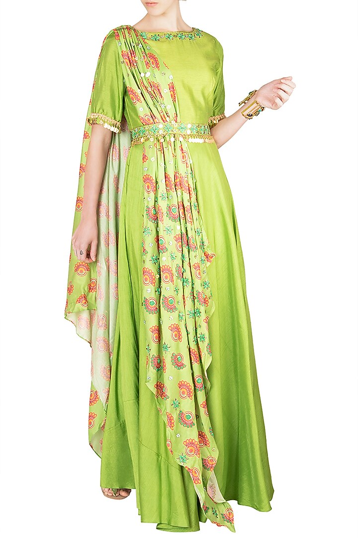 Matcha Green Wedding Anarkali With Embroidered Printed Dupatta & Belt by Riraan By Rikita & Ratna at Pernia's Pop Up Shop