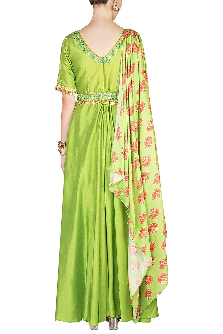 Matcha Green Wedding Anarkali With Embroidered Printed Dupatta & Belt by Riraan By Rikita & Ratna at Pernia's Pop Up Shop