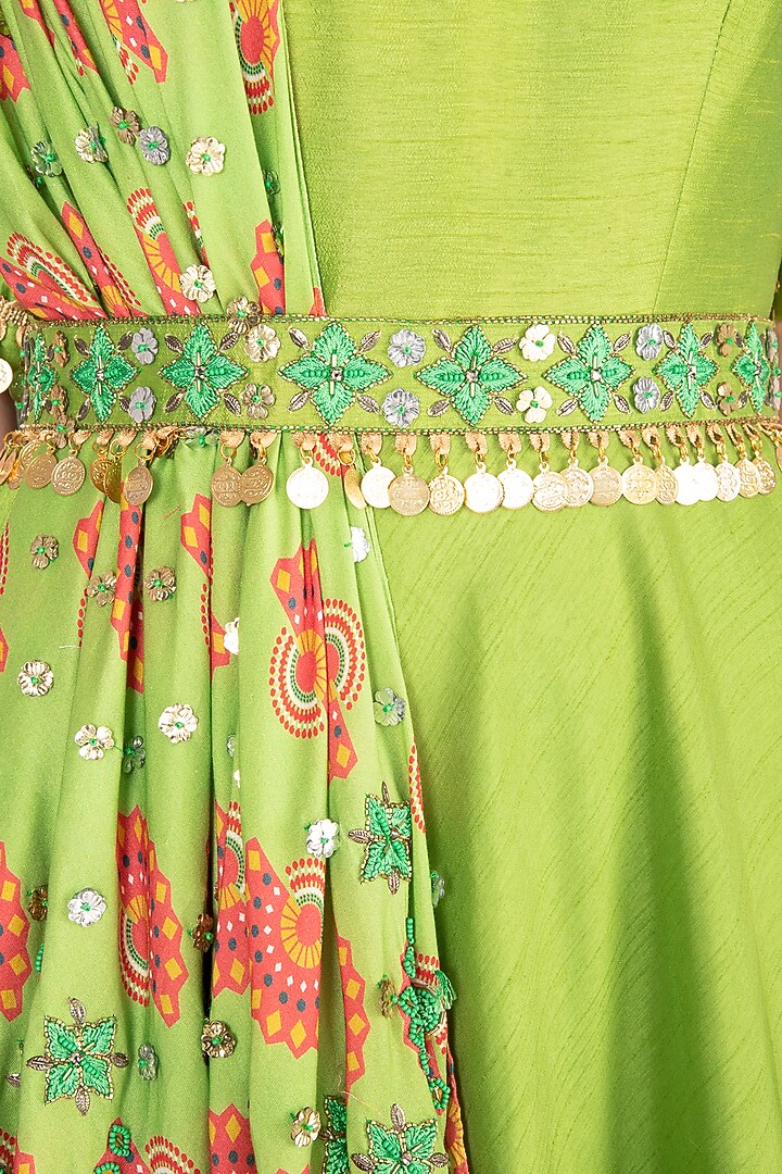Matcha Green Wedding Anarkali With Embroidered Printed Dupatta & Belt by Riraan By Rikita & Ratna at Pernia's Pop Up Shop