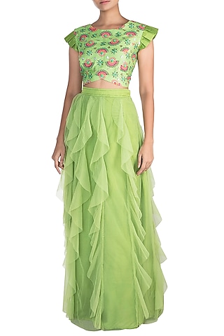 Matcha Green Embroidered Printed Blouse With Skirt by Riraan By Rikita & Ratna
