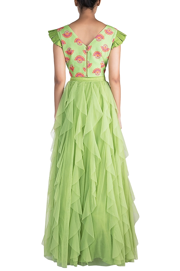Matcha Green Embroidered Printed Blouse With Skirt by Riraan By Rikita & Ratna at Pernia's Pop Up Shop